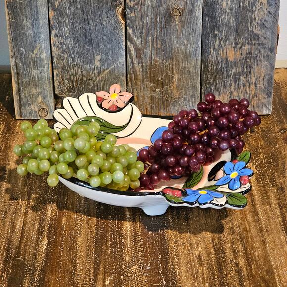 Vintage Hand Painted Ceramic Footed Bowl-Holland Floral Mold-Retro Home Decor - Picture 3 of 10